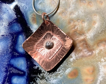Hammered Copper Pendant, Recycled Silver Accent, Sterling Silver Chain, Mixed Metals