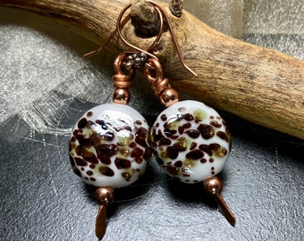 Blown Glass Dangle Earrings, Copper Wire, White with Glitter Accents