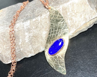 Mixed Metal Blue Lapis Wave Pendant Organic Texture Abstract Wearable Art Unique Hand Fabricated Mother's Day Gift Graduation Anniversary