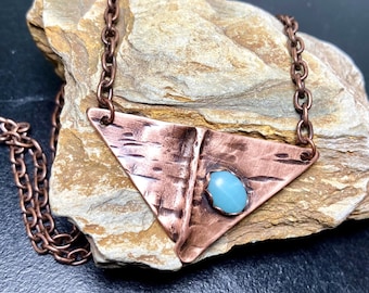 Hammered Copper Necklace, Amazonite, Abstract Triangle Design