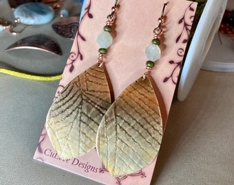 Leaf Texture Brass Earrings, Prehnite Accent, Artisan Handmade