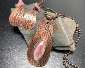Rhodochrosite Curled Copper Teardrop Set Wearable Art Pink Rose Stone Necklace Unique Gift Mother Daughter Sister Granddaughter Niece Aunt