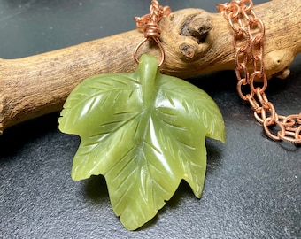 Carved Green Jasper Leaf Pendant: Copper Chain, Nature Inspired