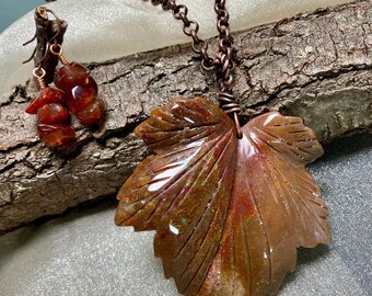 Maple Leaf Pendant, Stone Carving, Jasper, Copper, Carnelian Earrings