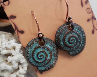 Spiral Nautilus Earrings, Patina Copper, Mermaid Jewelry
