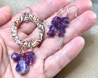 Amethyst, Circle Necklace, Leaf Texture, Sterling Silver Chain