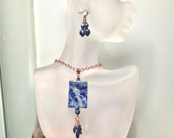 Blue Sodalite, Copper Necklace and Earrings Set, 20" Chain