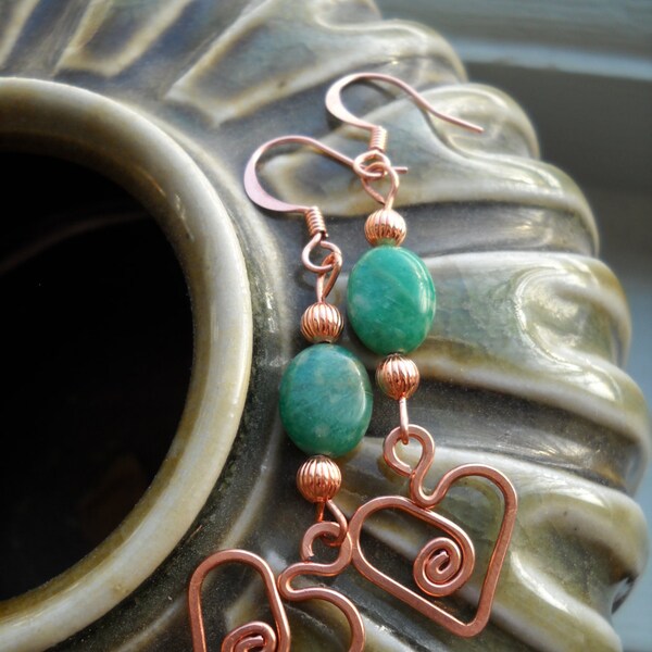 SALE! Hammered Copper Hearts Teal Green Amazonite Valentine Love Gift February Birthday Anniversary Wife Mother Daughter Oma Sister Spirals