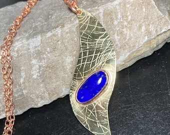Lapis Lazuli, NuGold Brass Necklace, Mixed Metal, Blue Wave Design