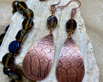 Snakeskin Shed Earrings, Olive Green Vintage Glass, Textured Copper