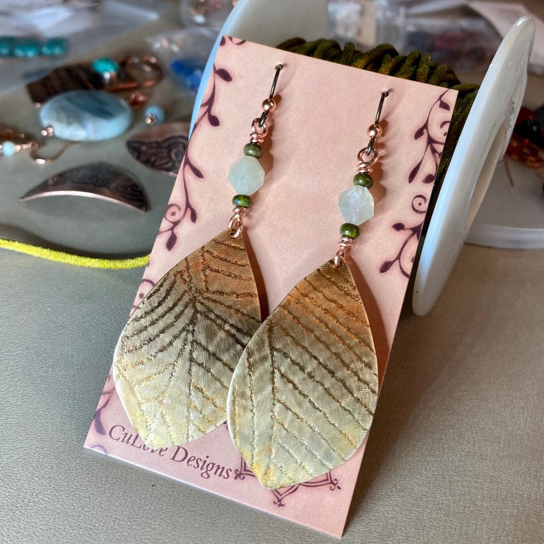 Prehnite Leaf Texture Long Statement Earrings Artisan Handmade Unique Gift Mom Daughter Sister Niece Granddaughter BFF Classmate Graduation image 1