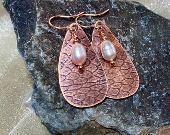 Real Snakeskin Texture Earrings, Cultured Pearls, Copper