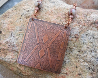 Art Deco Copper Necklace: Embossed Geometric Design, Jasper Beads