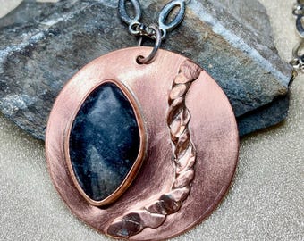 Artisan Copper Necklace, Black Gray Marble Stone, Mixed Metals