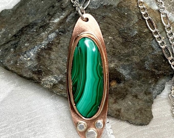 Malachite Necklace, Sterling Silver Chain, Copper Oval Pendant