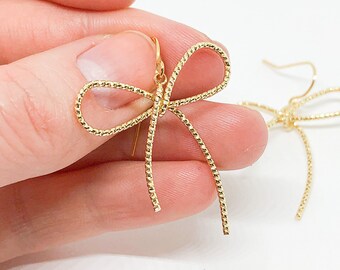 Bow earrings dangle, gold bow earrings gold, minimalist earrings, unique gift for women, bridesmaid gift ideas, ribbon earrings cute for her