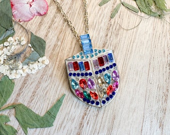 Dreidel necklace rhinestone, Judaica necklace, cute Hanukkah necklace, Hanukkah jewelry gift idea dreidel jewelry, gift bat mitzvah necklace