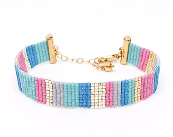 Beadloom bracelet woven, beaded cuff bracelet. bohemian style jewelry. Bead loom stacking bracelet for women. Colorful bracelet set
