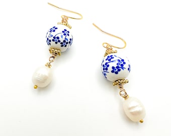 Dainty blue porcelain earrings. Dainty earrings for women. Genuine pearl earrings Handmade earrings for her. gifts under 50. Tiny earrings