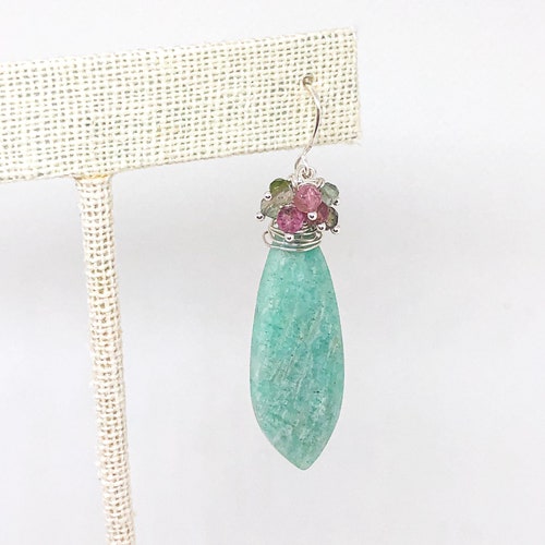 Amazonite gemstone earrings dangle. sea foam green stone jewelry for women. raw gemstone earrings. statement shops earrings for mom bohemian style