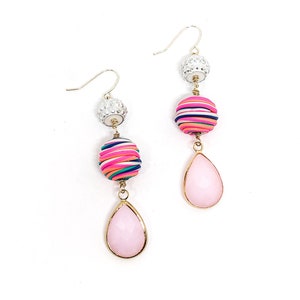 Bold bright rainbow rhinestone earrings with fimo sculpty clay beads and glass teardrop gemstone // handmade statement jewelry
