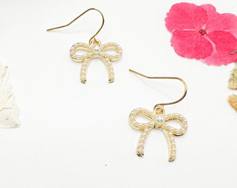 Jewelry gift ideas, Bow earrings dangle, gold pearl bow earrings gold, minimalist earrings, unique gift for women, ribbon earrings cute her