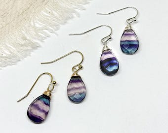Brincos de pedra preciosa de fluorita roxa, joias com pedras preciosas, brincos de cristal bruto de prata, joias artesanais, brincos de fluorita arco-íris, presente para ela