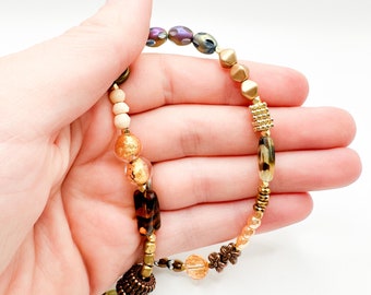 Gold beaded necklace for women. brown handmade necklace. glass beaded jewelry for her. pretty jewelry gift for women. handmade jewelry mom
