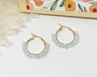 Dainty Gold Aquamarine Hoop Earrings: Classic Bridal Bridesmaid Jewelry