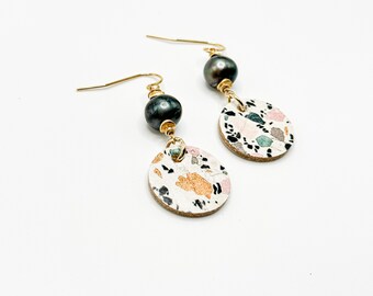 Leather earrings pearl. Colorful earrings dangle. Faux leather earrings. Faux suede earrings. Pattern dangle earrings. Gift under 50 gift