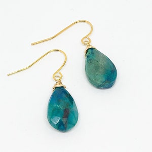 Chrysocolla earrings gold teardrop earrings for women boho earrings southwestern jewelry dangle earrings natural stone jewelry for mom gift