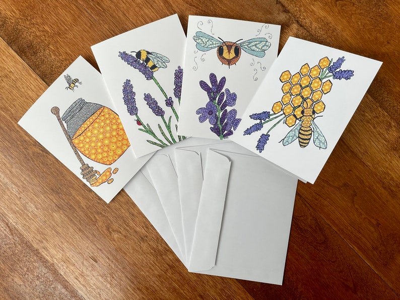 Greeting Card Set of 4 blank cards Reproduction of Original Acrylic Stipple Paintings Bee Series image 1