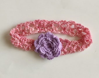 Crochet Headband Pink & Purple Flower - Newborn+