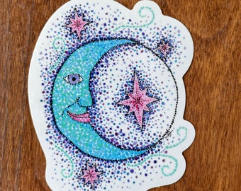 Moon Die Cut Sticker - Reproduction of Original Acrylic Stipple Painting