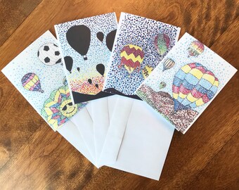 Greeting Card Set of 4 blank cards -  Reproduction of Original Acrylic Stipple Paintings - Balloon Races Series