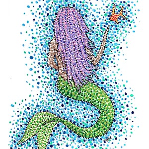 Mermaid - Reproduction of Original Acrylic Stipple Painting 5x7