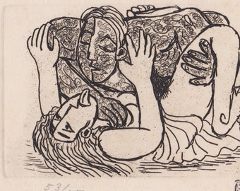 Original Artwork. Nude Lovers. Japanese Print by Tamiji Kitagawa. Man and Woman. Limited Edition. Sosaku Hanga. Vintage Japanese. B&W.