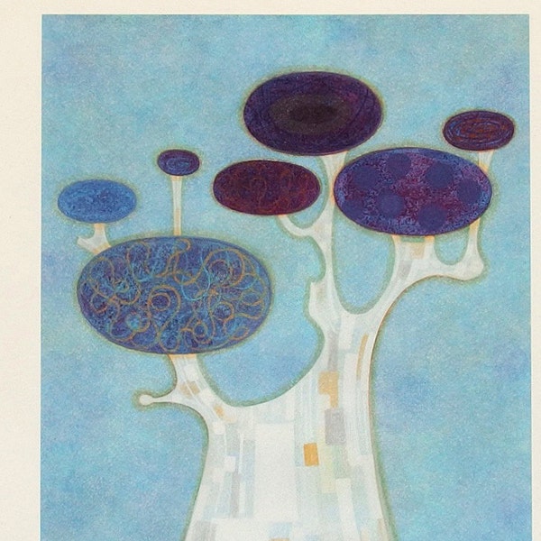 Japanese Print. Quirky Tree. Limited-Edition Lithograph. Modern Art. Abstract. Japanese Art. Woodcut. Sosaku Hanga. Blue. Fantasy. Landscape