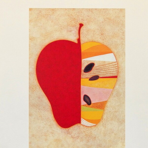Japanese Print. Quirky Apple. Cute Japanese Modern Art. Fruit. Woodcut. Sosaku Hanga. Modern Abstract. Art. Japan. Woodblock print.