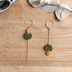Asymmetrical LUNE earrings in Khaki Green Yellow Leather Gold-filled 14 carat gold LUNE model