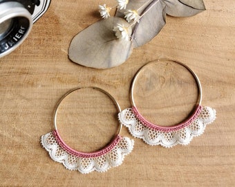 Creoles 40mm Old Pink Lace rings in gold-filled gold 14k Crocheted thread Model PALOMA