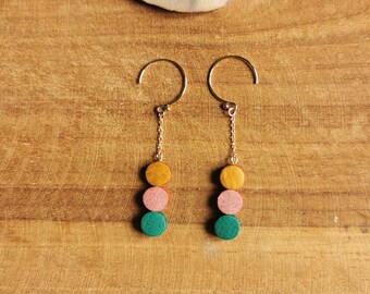 Short 3 Round Earrings in Coral Yellow Green Leather, Gold-filled 14 carat gold hooks Mini ORION Model