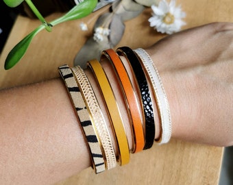 Open leren armband verguld met fijn goud Zwart Geel Oranje Zebra Kant Model 6 mm