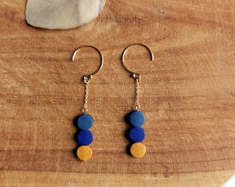 Boucles d'oreilles Courtes 3 Ronds en Cuir Bleu et Jaune, crochets Gold-filled or 14 carats Modèle Mini ORION