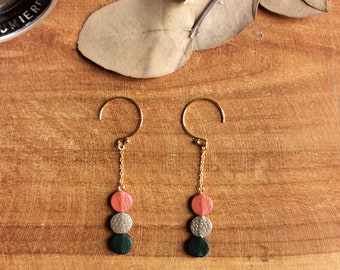 Short 3 Round Earrings in Coral Green and Pale Mauve Leather, Gold-filled 14 carat gold hooks Mini ORION Model