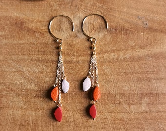 Boucles d'oreille 3 petits pendants ovales en cuir Rouge Orange Rose pâle Crochets d'oreille en Goldfilled or 14k Modèle Pluie D'étoiles