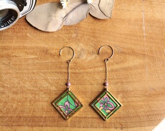 Dangling fabric earrings Green Blue Pink diamond hook Goldfilled 14 carat Gold Pegasus model