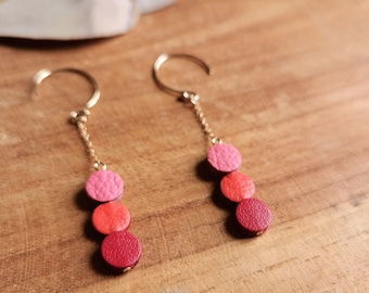 Boucles d'oreilles Courtes 3 Ronds en Cuir Rouge Rose et Orange, crochets en Gold-filled or 14 carats Modèle Mini ORION