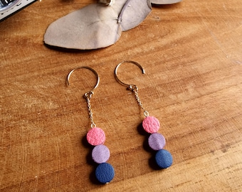 Boucles d'oreilles Courtes 3 Ronds en Cuir Bleu Rose et Mauve, crochets en Gold-filled or 14 carats Modèle Mini ORION