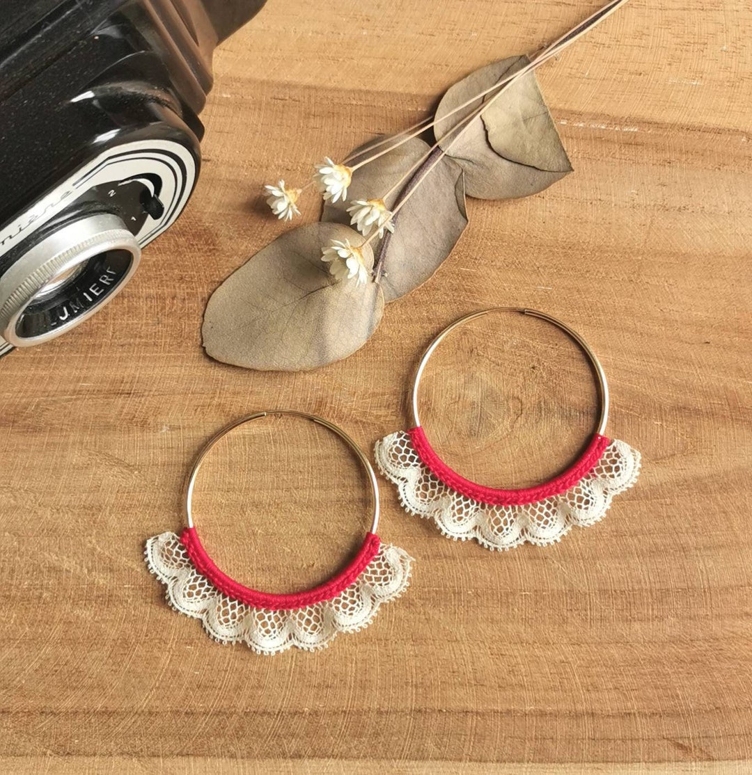 Red Thread Rings Creoles 40mm Garnet Red Lace Rings in Gold-filled Gold 14k Crocheted ...